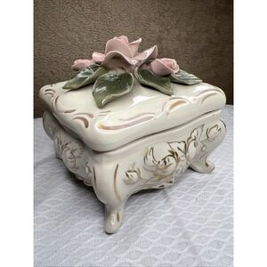 Vintage Cordey Ivory Gilded Pink 3D Roses Ceramic Trinket Box
